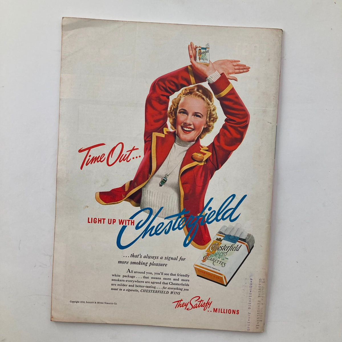 Back cover of a vintage Time Magazine, advertising Chesterfield cigarettes, from September 18, 1939.