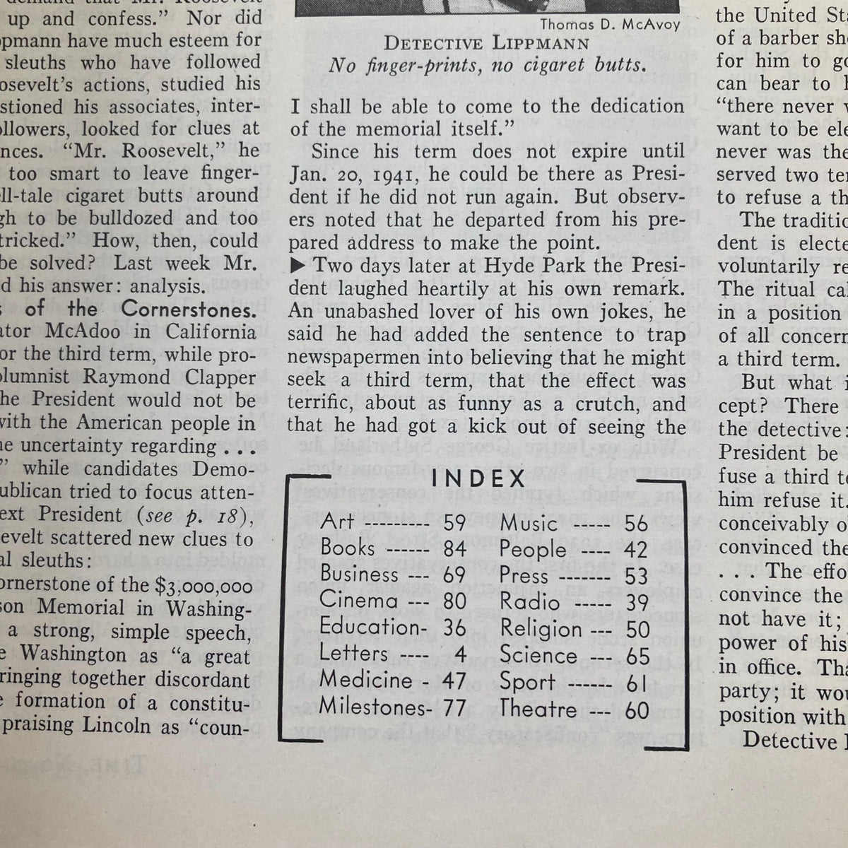 Inside page of VTG Time Magazine November 27 1939, featuring articles and an index from the issue highlighting Queen Wilhelmina.