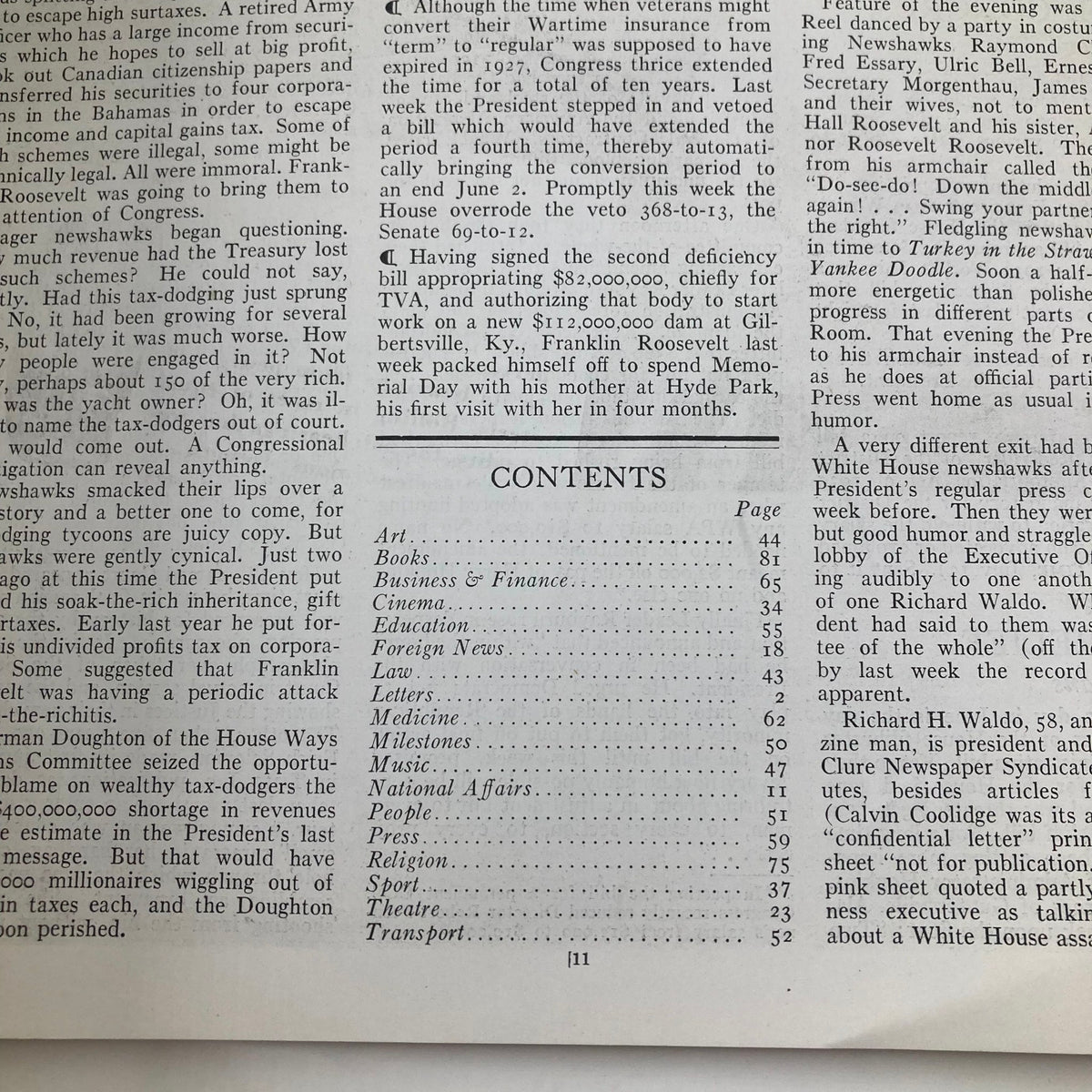 Contents page of the VTG Time Magazine from June 7, 1937, showing article headings and page numbers related to art, finance, and theatre.