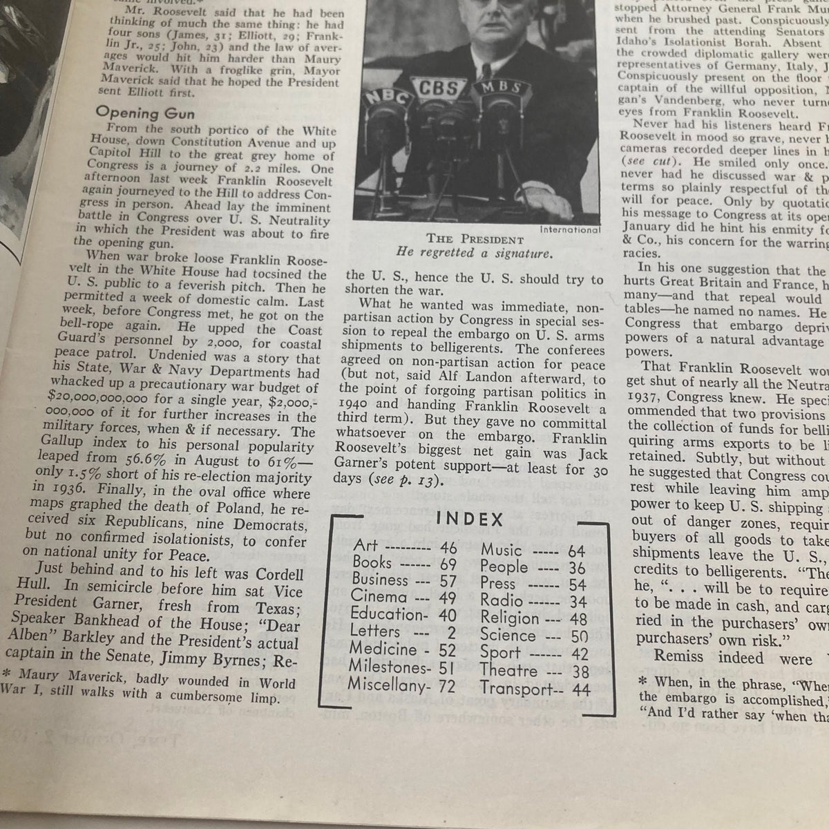 Inside page of VTG Time Magazine October 2 1939 Vol 34 No. 14 featuring political commentary related to Franklin Roosevelt and U.S. neutrality during WWII.