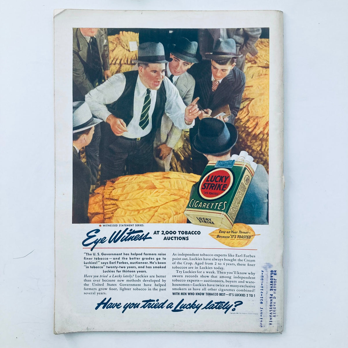 Back cover of VTG Time Magazine October 2 1939 Vol 34 No. 14 featuring an advertisement for Lucky Strike cigarettes at tobacco auctions.