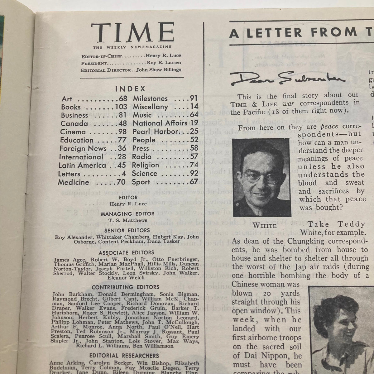 Interior page of VTG Time Magazine September 10 1945, featuring the index of articles including topics such as foreign news and international affairs, showcasing historical content from post-World War II.