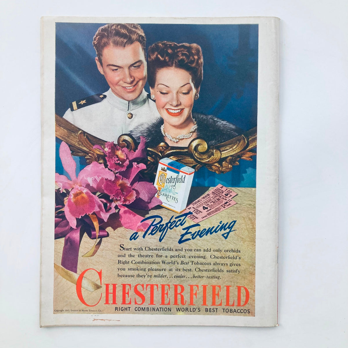 Cover of VTG Time Magazine September 10 1945, featuring a colorful advertisement for Chesterfield cigarettes, emphasizing a perfect evening with a couple enjoying each other's company.