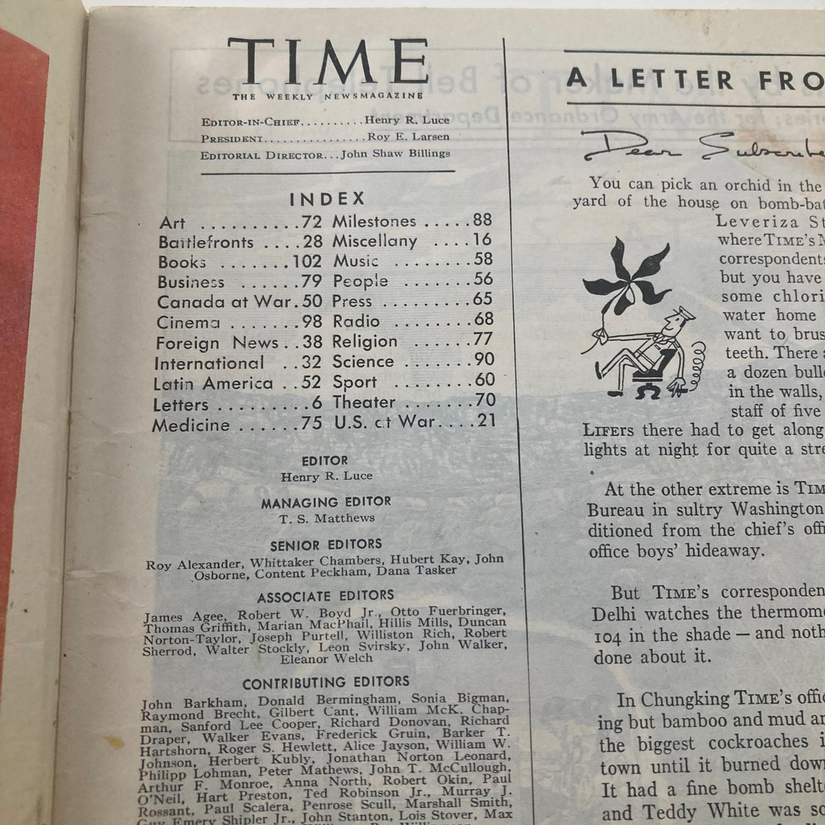 Index page of VTG Time Magazine August 6 1945, showcasing various segments and contributors, contextualizing historical content.
