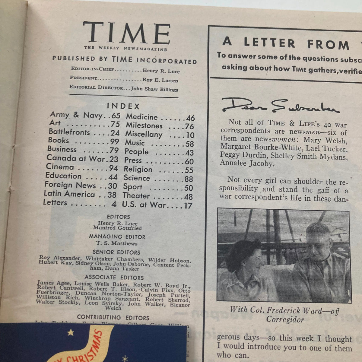 Inside page of the November 27, 1944 Time Magazine featuring the index section, detailing various articles and topics covered, showcasing mid-20th century journalism and publication design.