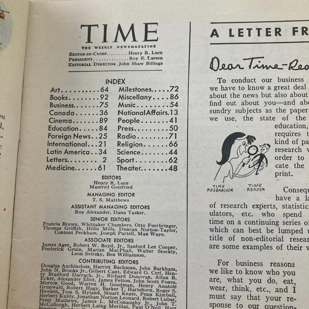 Page inside VTG Time Magazine May 20 1946 Vol 47 No 20 showcasing the index and editorial team information.