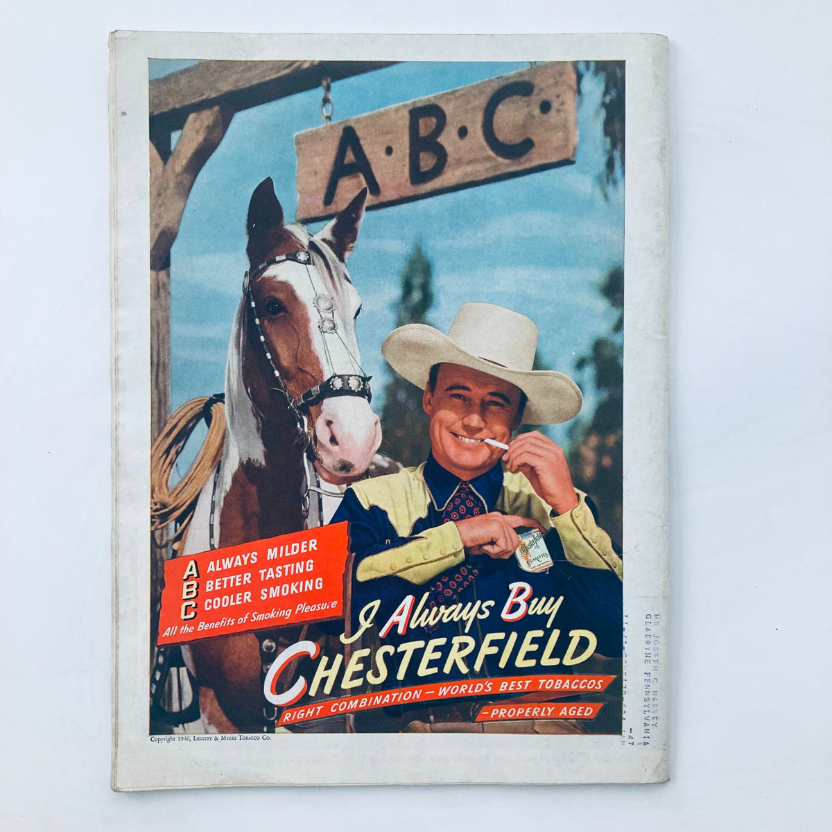 Vintage advertisement from the inside of VTG Time Magazine May 20 1946 Vol 47 No 20 promoting Chesterfield cigarettes, featuring a cowboy with a horse.
