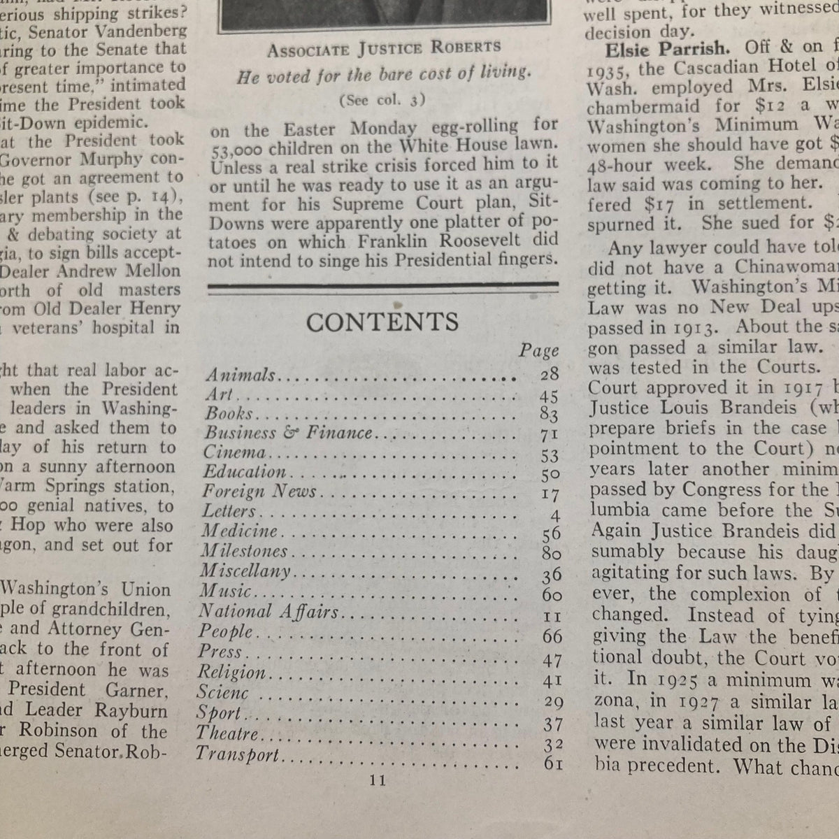 Contents page of the VTG Time Magazine April 5, 1937, listing articles on various topics including animals, art, and business.