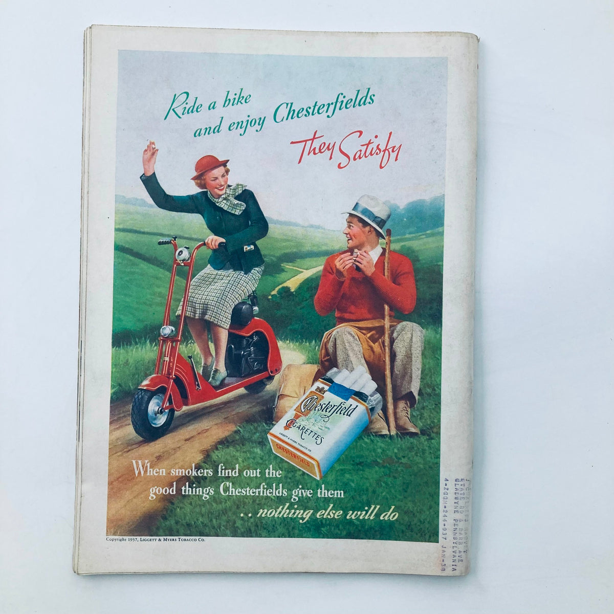 Advertisement in VTG Time Magazine April 5, 1937, featuring Chesterfield cigarettes with a colorful illustration of a couple enjoying leisure time.