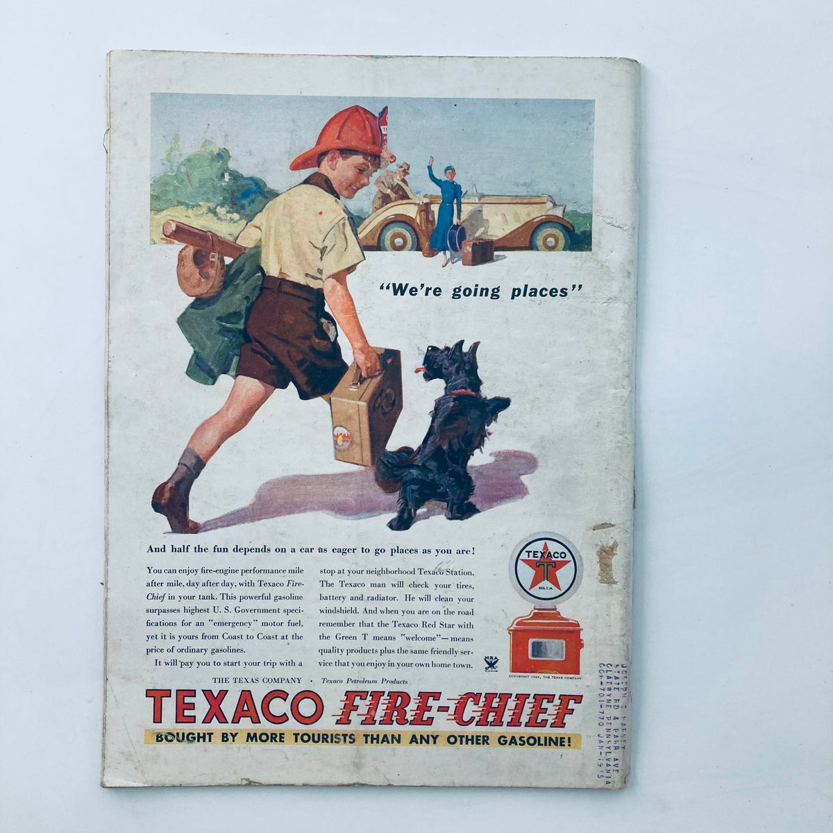 Back cover of VTG Time Magazine from June 4, 1934, advertising Texaco Fire-Chief gasoline with a vintage illustration of a boy and a dog.