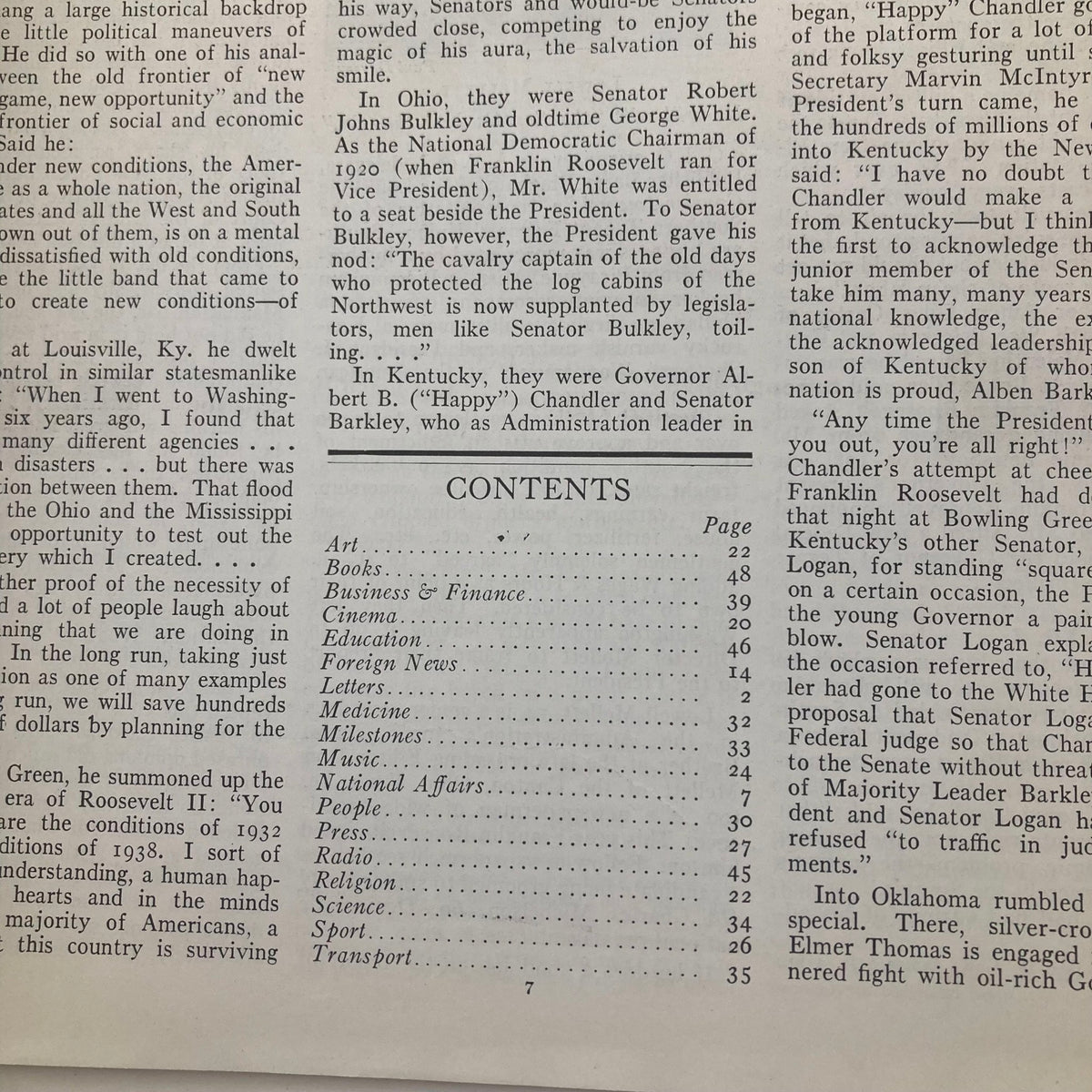 Interior page of the July 18, 1938, Time Magazine showing the contents section, highlighting various articles and topics covered in Volume 32, Number 3.