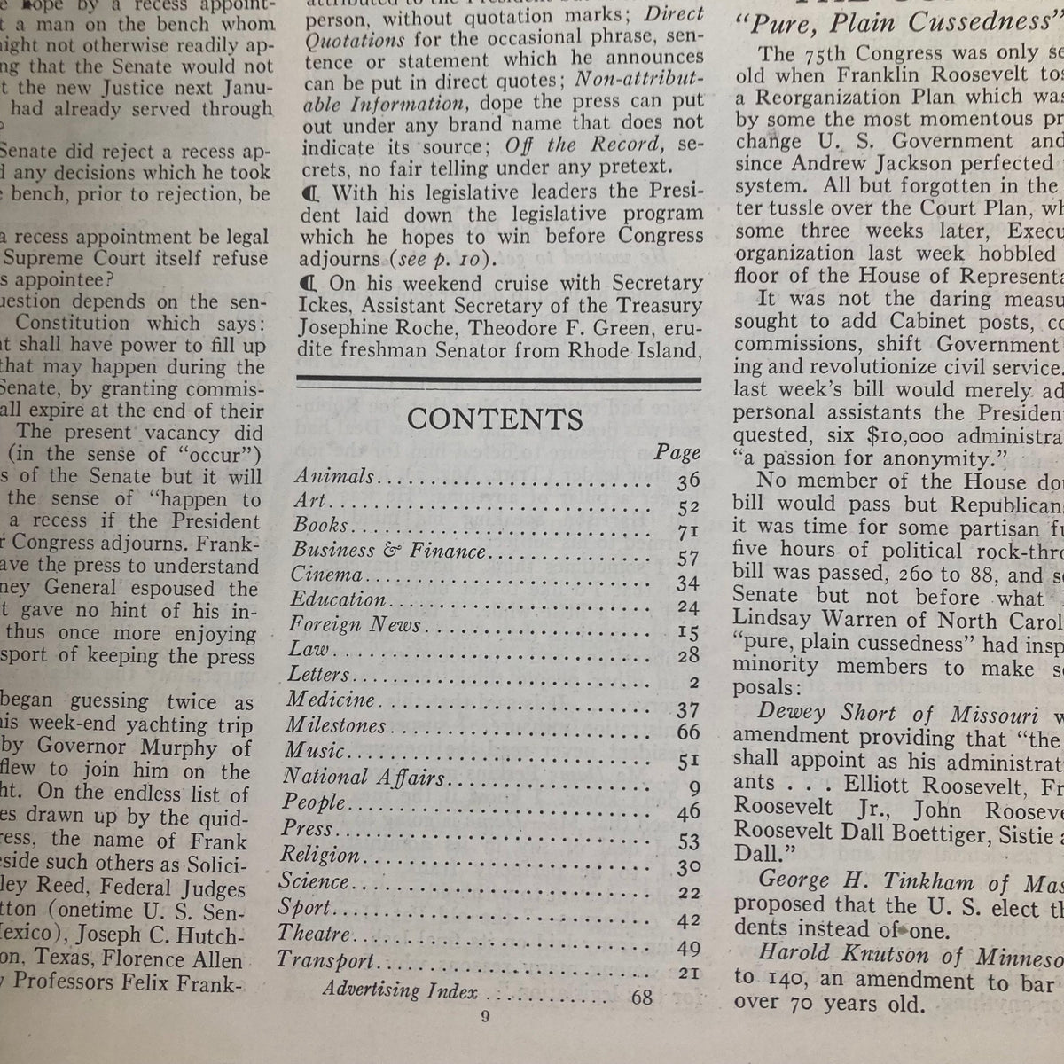 Contents page of VTG Time Magazine August 9, 1937, detailing articles on various subjects including business finance, education, and foreign news.