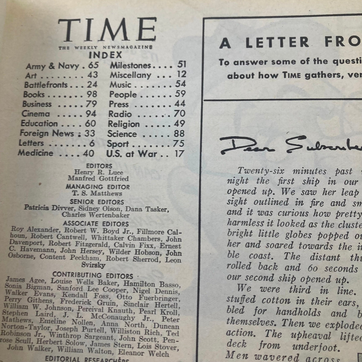 Index page from VTG Time Magazine July 19 1943, detailing various topics such as Army & Navy, Business, and U.S. at War. Provides insight into the magazine's contents.