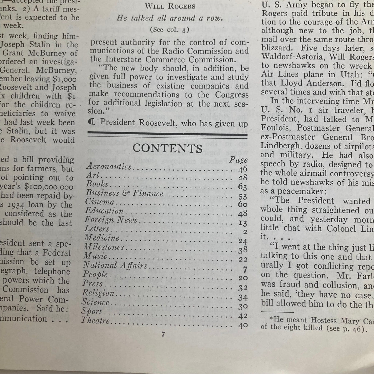 VTG Time Magazine March 5 1934, page showing contents featuring articles on various topics including aeronautics, art, and foreign news.