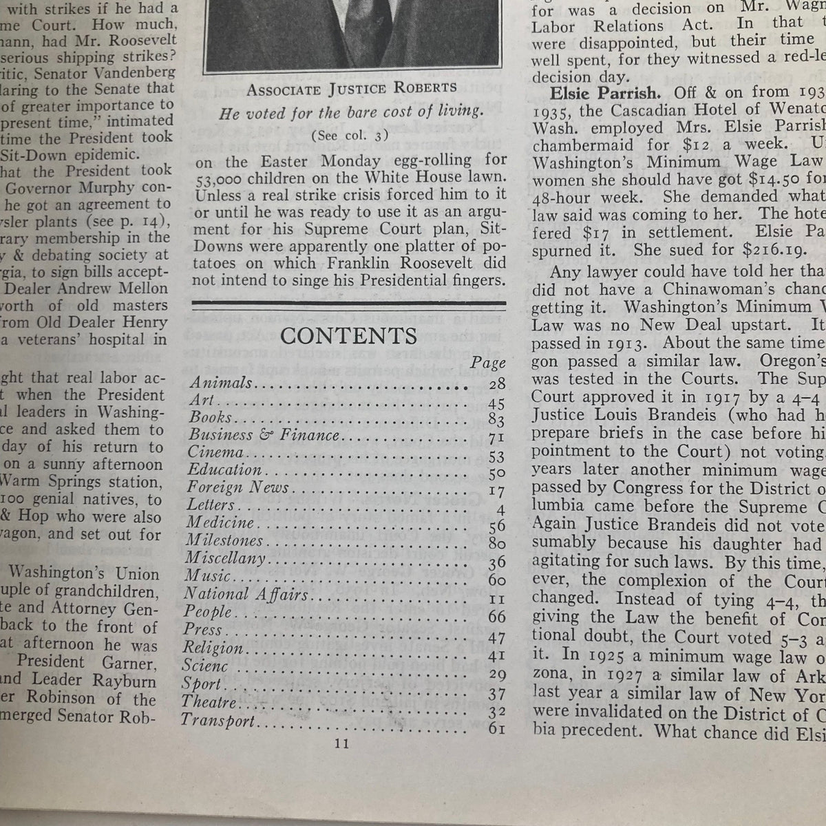 Interior page of the April 5, 1937, Time Magazine showcasing the contents section. The page lists various articles, including national affairs and cultural insights, relevant to the era.