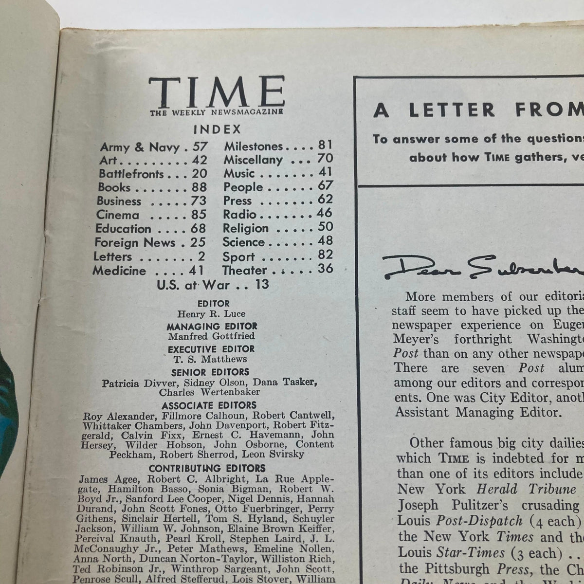 Index page of VTG Time Magazine February 8 1943, Volume 41 No. 6, detailing contents and articles, including a letter from the editor.