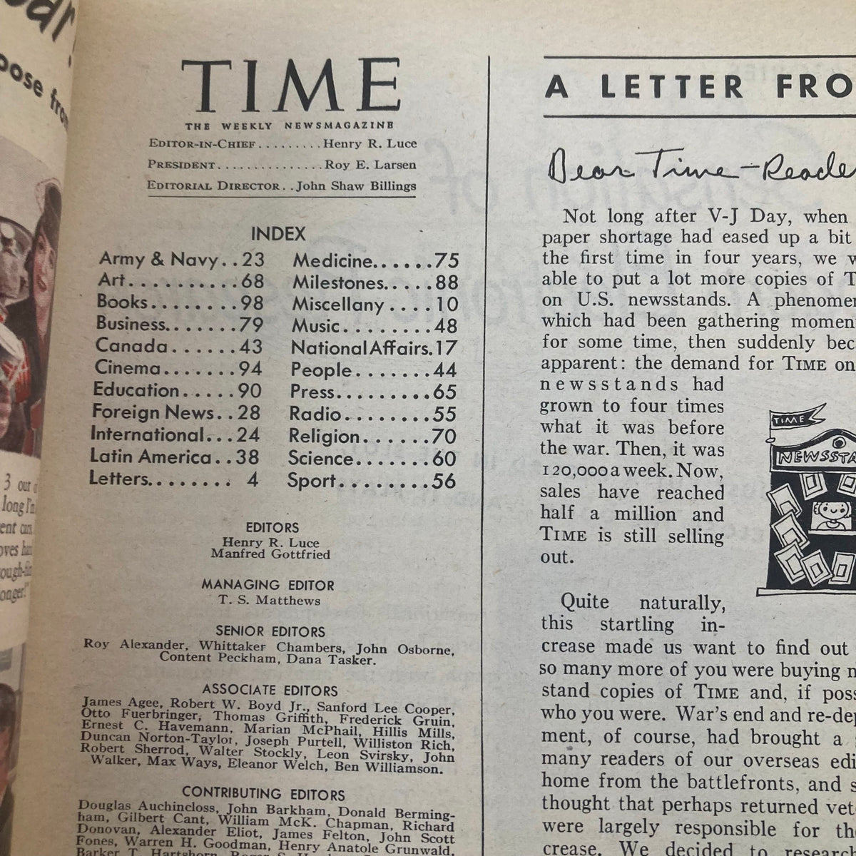 Inside page of Vintage Time Magazine from February 11, 1946, detailing the magazine's index and editor information, highlighting historical context.