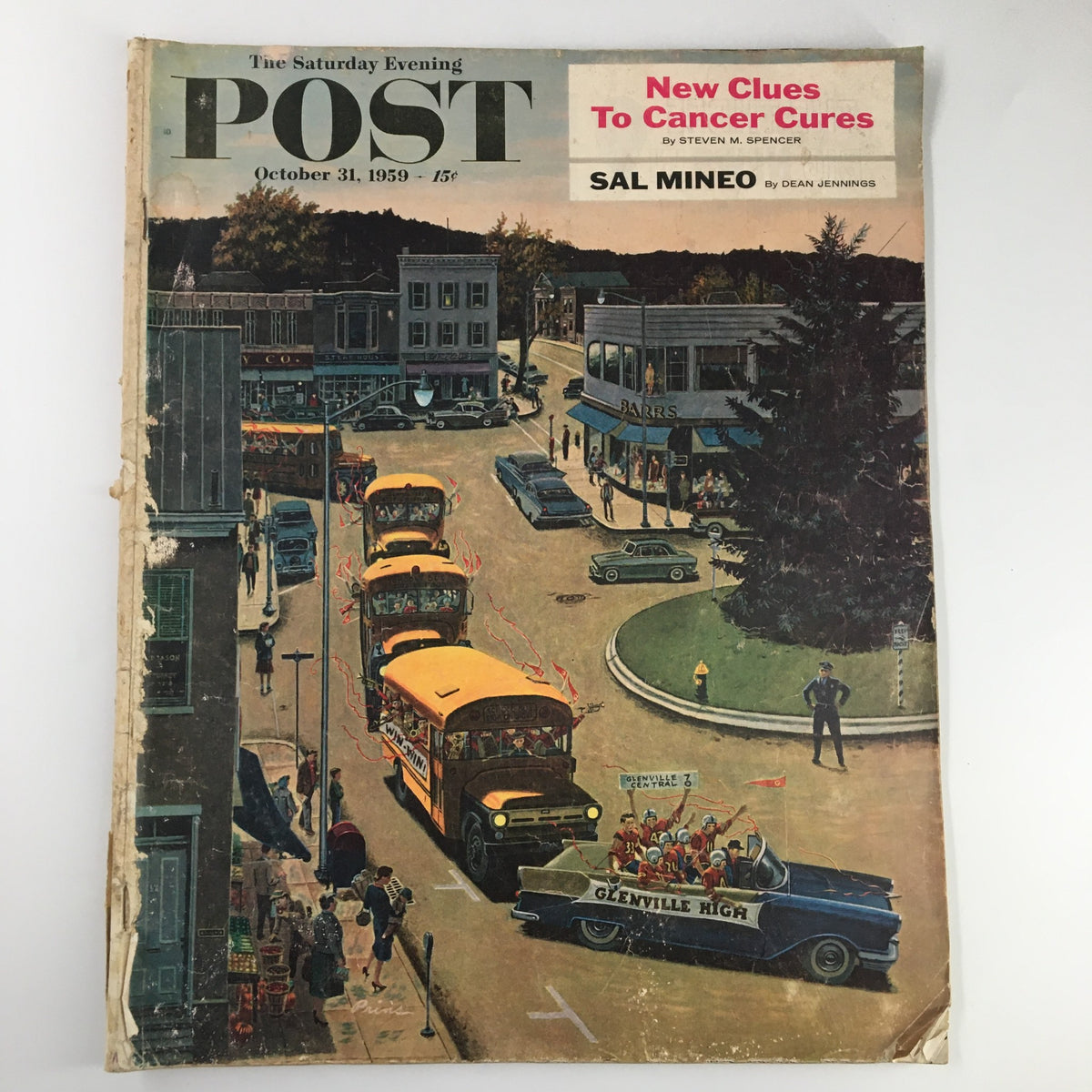 Cover of The Saturday Evening Post, October 31, 1959, featuring an illustration of a busy town street scene with school buses and pedestrians, highlighting the article 'New Clues To Cancer Cures'.