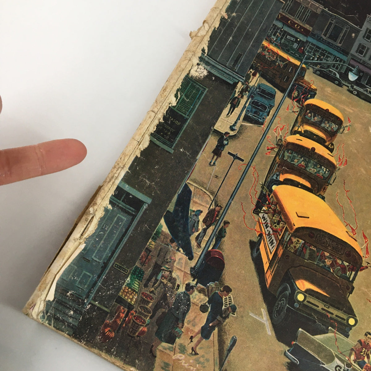 Close-up image of the edge detailing on the cover of The Saturday Evening Post, October 31, 1959, showing some wear and tear, complementing the vintage aesthetic of the publication.