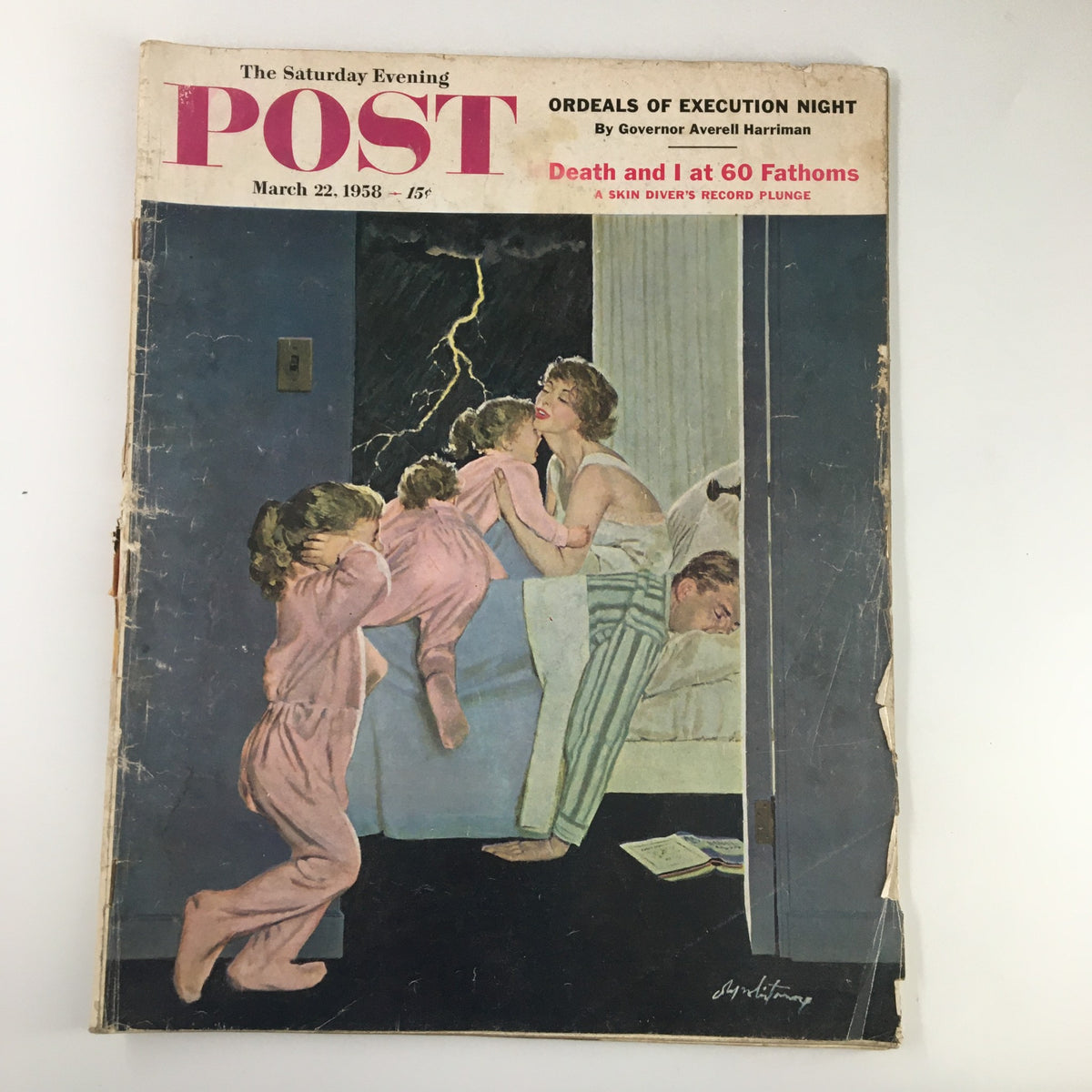 Cover of The Saturday Evening Post from March 22, 1958, titled 'Ordeals of Execution Night,' featuring a family scene during a storm with children in pajamas reacting to lightning.