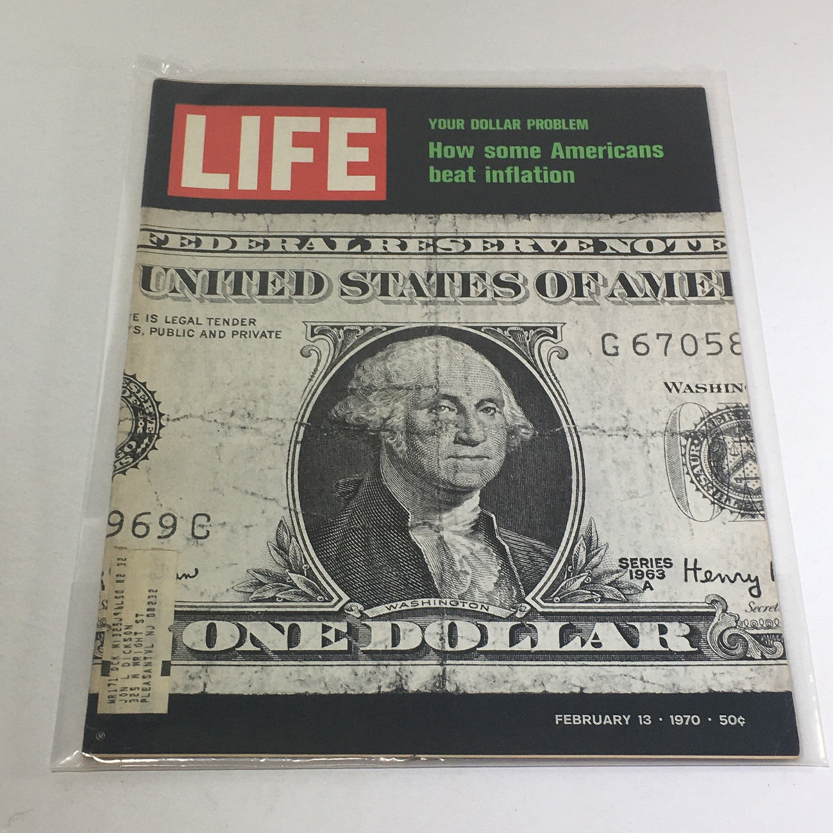 Vintage Life Magazine Cover from February 13, 1970, titled 'How Some Americans Beat Inflation' featuring a one-dollar bill with George Washington's portrait.