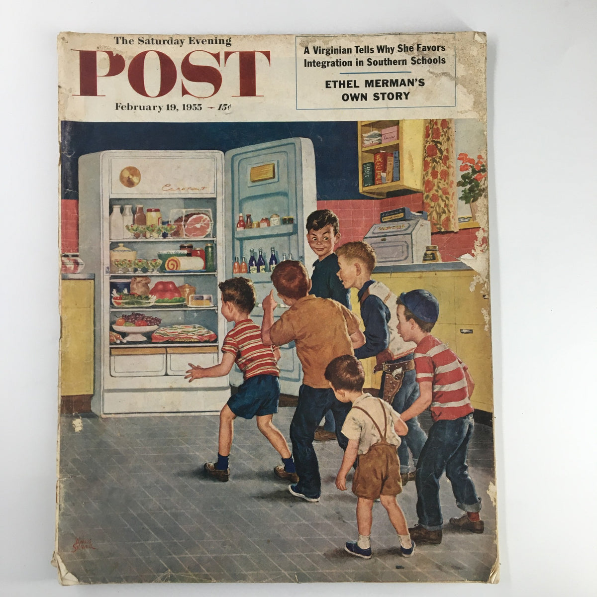 Cover of The Saturday Evening Post from February 19, 1955, featuring a colorful illustration of children gathered around an open refrigerator, with an accompanying headline about Ethel Merman's story.