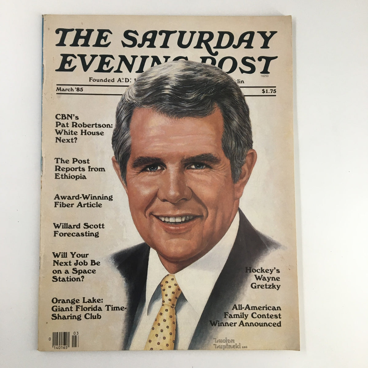 Cover of The Saturday Evening Post from March 1985 featuring Pat Robertson, highlighting his political ambitions for the White House with a striking illustration and headline questions.