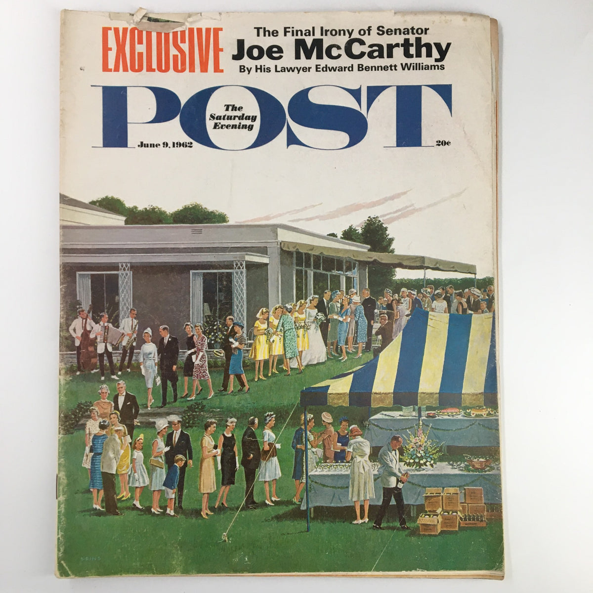 Cover of The Saturday Evening Post June 9, 1962, featuring the article 'The Final Irony of Senator Joe McCarthy,' depicting a social gathering with people in 1960s attire.