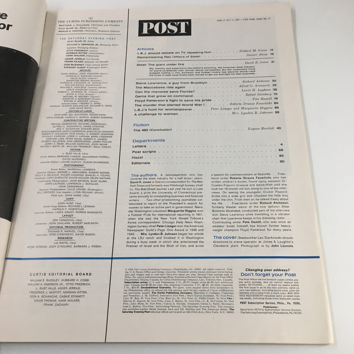 Interior page of The Saturday Evening Post from June 27, 1964, featuring articles and content listings including The Plot That Started World War I.