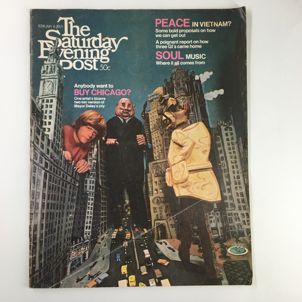 Cover of The Saturday Evening Post, February 8, 1969, featuring the title 'Anybody Want To Buy Chicago?' with artwork reflecting the social commentary of the era.