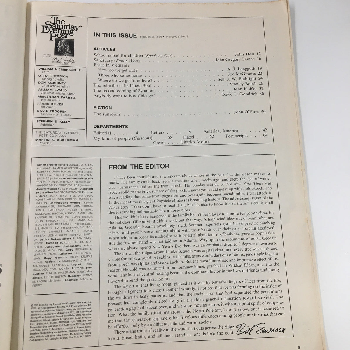 Interior page from The Saturday Evening Post, February 8, 1969, displaying the table of contents and overview of articles, including 'Anybody Want To Buy Chicago?'