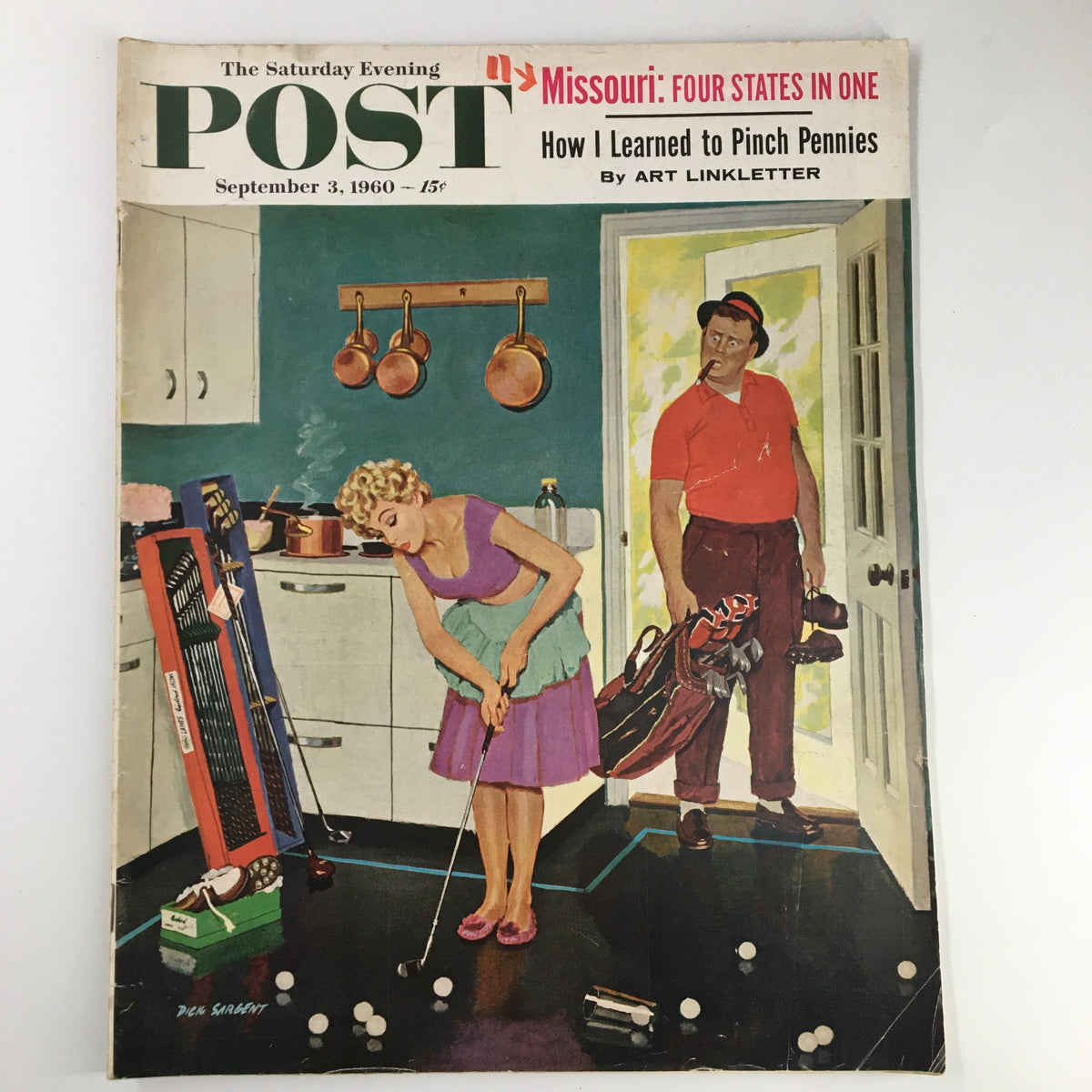 Cover of The Saturday Evening Post September 3, 1960 featuring the article 'How I Learned to Pinch Pennies', depicting a woman in a kitchen with a man standing nearby, showcasing vintage American magazine art.