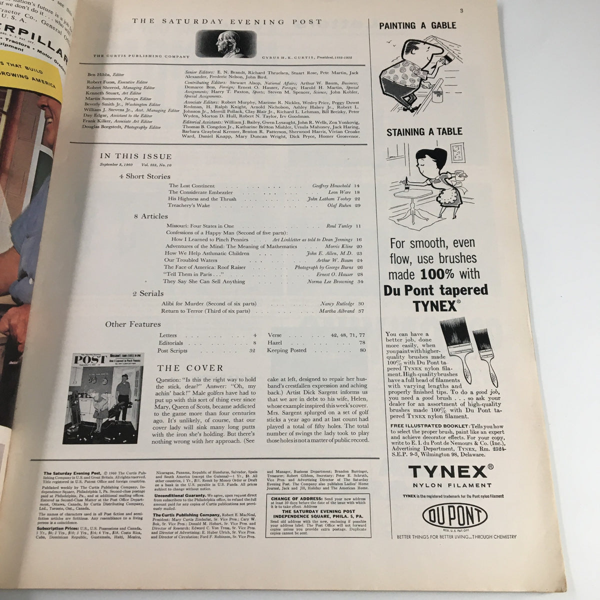 Interior page of The Saturday Evening Post September 3, 1960 detailing the contents, including articles and features such as 'How I Learned to Pinch Pennies', illustrating classic publication layout.