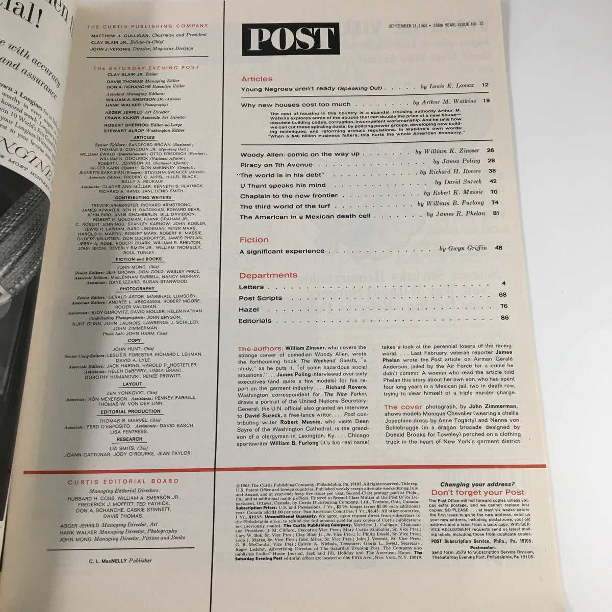 Inside page of The Saturday Evening Post September 21, 1963 featuring articles and content details including 'Chaplain to the New Frontier'. This page showcases the magazine's editorial structure and authors for that issue.