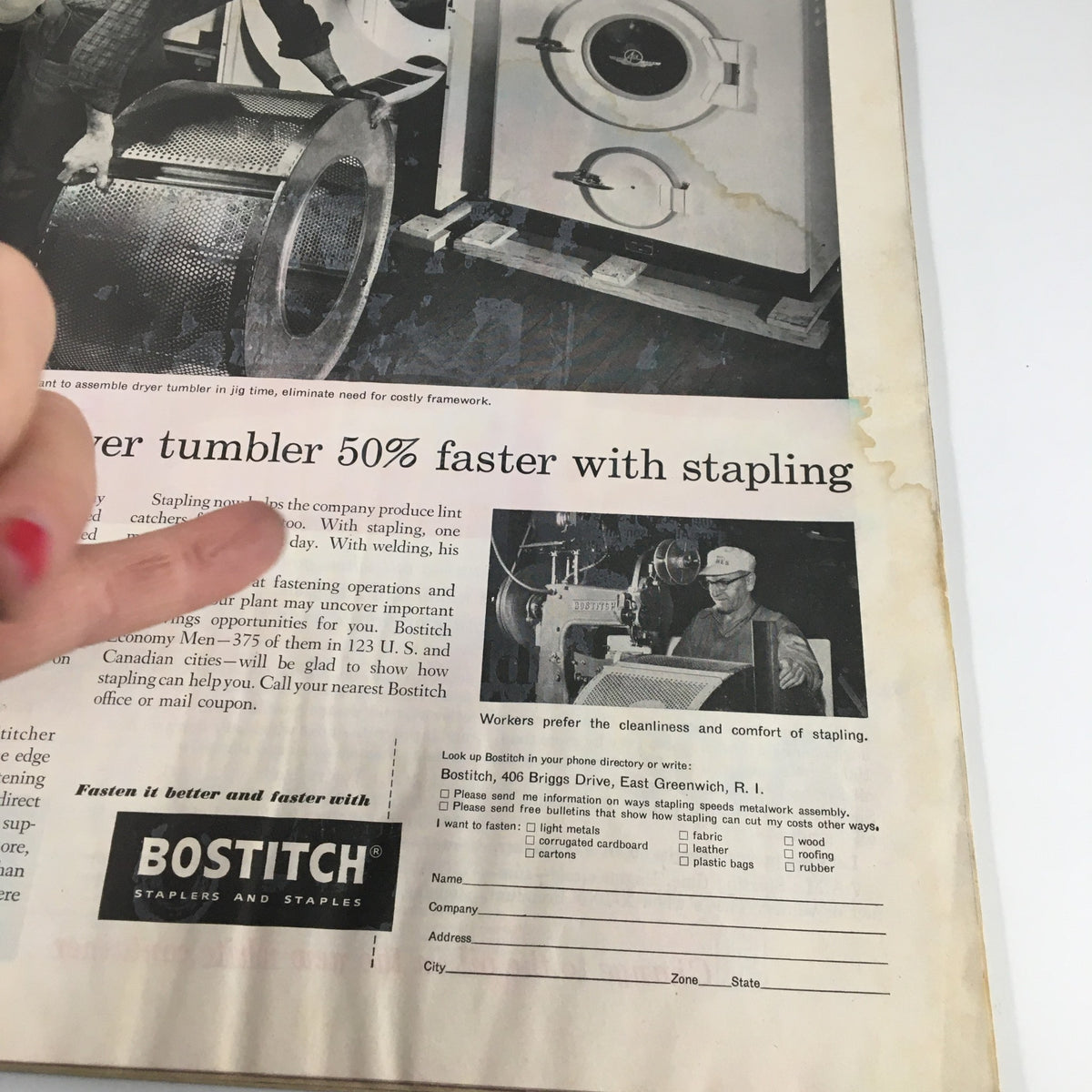 The Saturday Evening Post June 22 1957 interior page featuring an advertisement related to faster stapling technology, indicating the magazine's historical context.