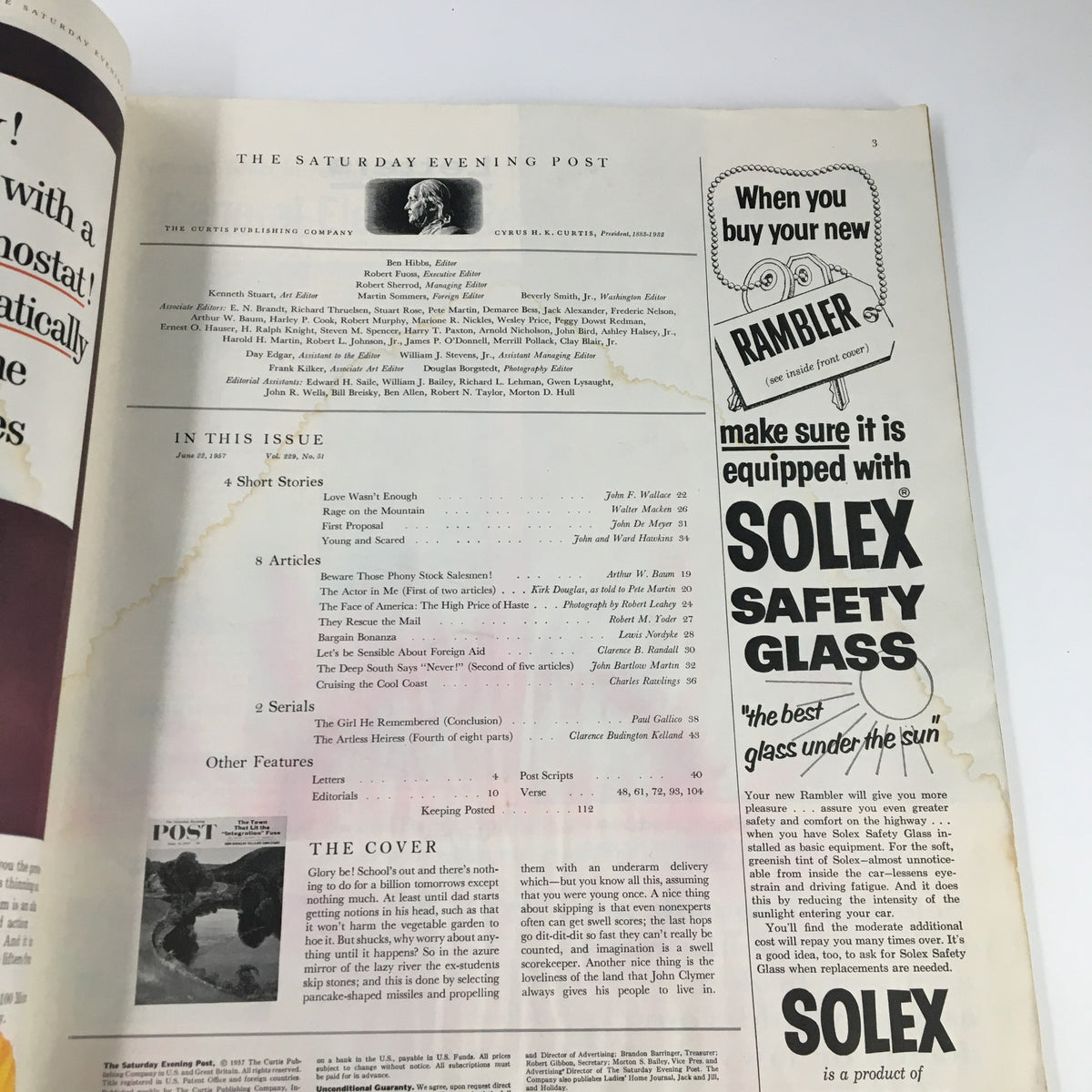 The Saturday Evening Post June 22 1957 page presenting a list of articles and advertisements, providing insight into the magazine's features and historical significance.