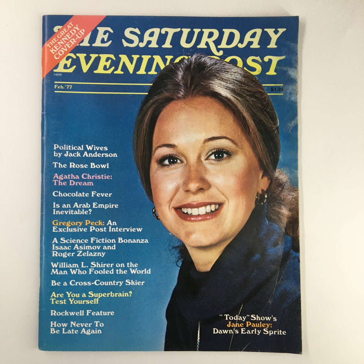 The Saturday Evening Post February 1977 magazine cover featuring Jane Pauley with the title 'Dawn's Early Sprite'. The cover showcases vibrant colors and a cheerful portrait of Pauley smiling.
