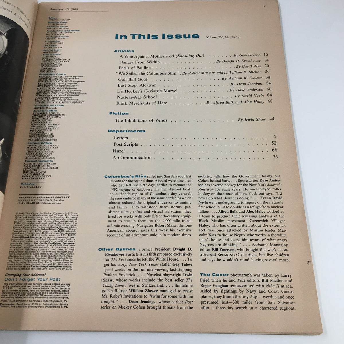Contents page of The Saturday Evening Post January 26 1963 detailing articles including Dwight D. Eisenhower's 'Danger From Within' and 'We Sailed the Columbus Ship'.
