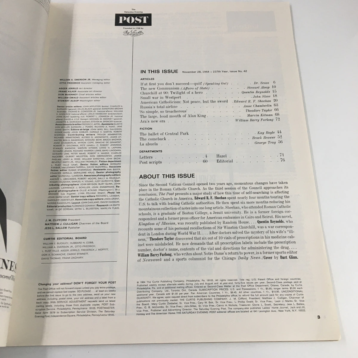 Inside page of The Saturday Evening Post November 28, 1964, detailing articles including Churchill at Twilight of a hero and features about the Catholic Church.