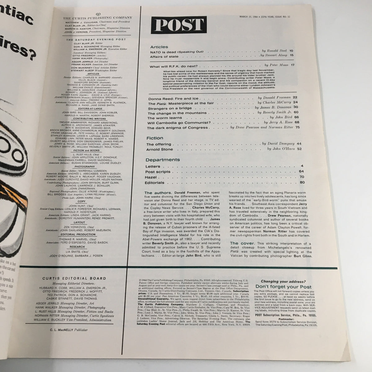The Saturday Evening Post, March 28, 1964 interior page showing the table of contents. This page outlines the articles and features of the magazine, reflecting the era's significant topics.