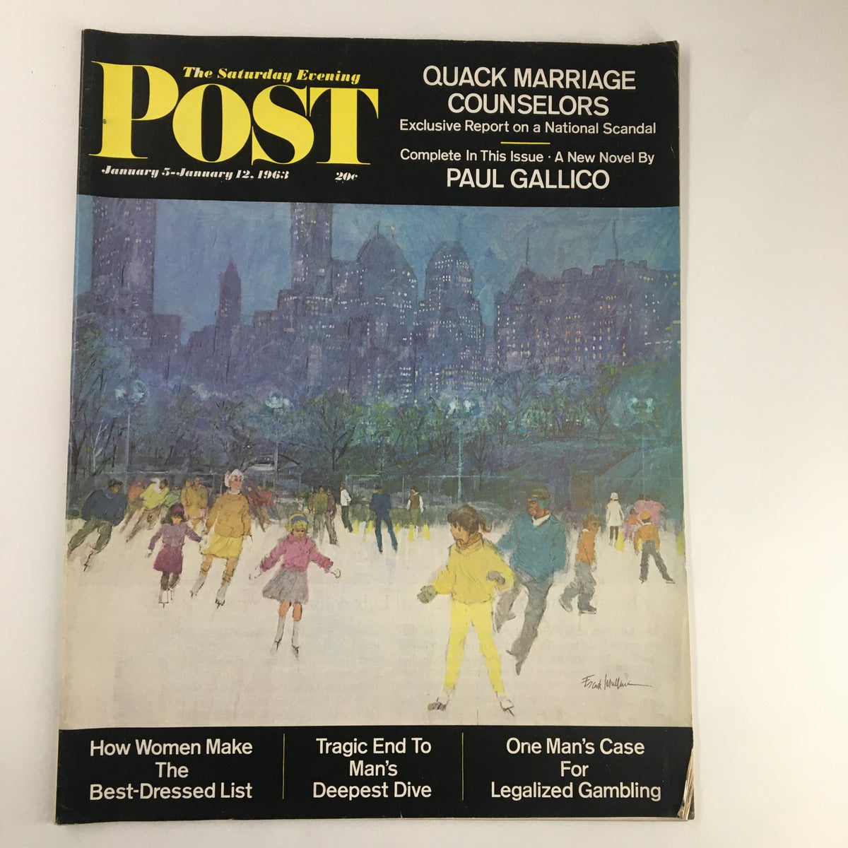 Cover of The Saturday Evening Post dated January 5, 1963, featuring the headline 'Quack Marriage Counselors', with a winter scene of people ice skating in the city, reflecting vintage magazine design and cultural themes of the early 1960s.