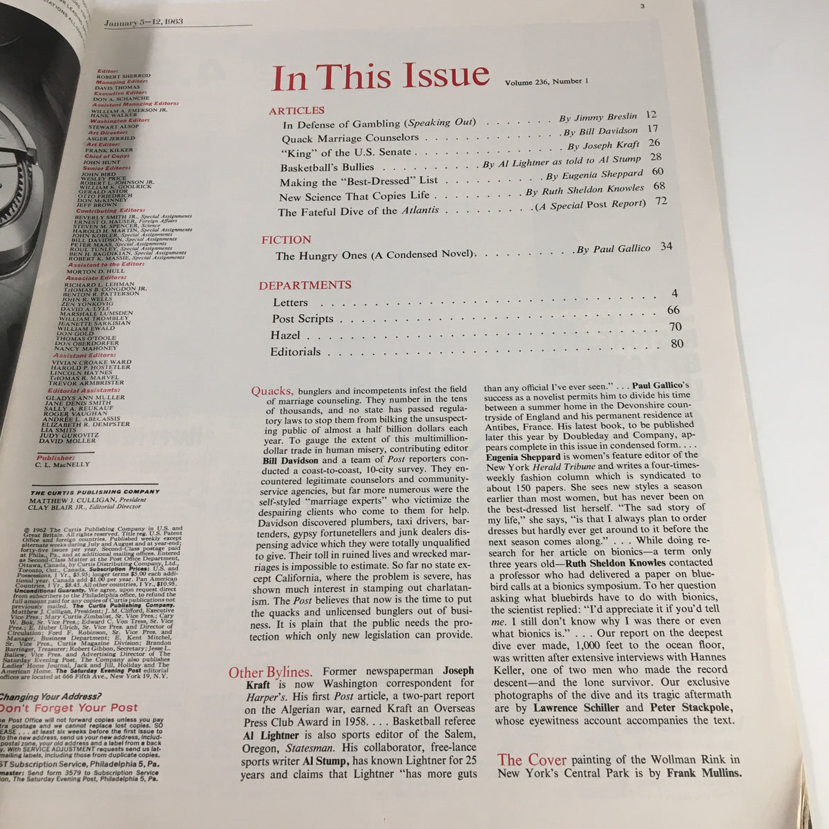 Contents page of The Saturday Evening Post January 5 1963 showcasing articles including 'Quack Marriage Counselors' and 'In Defense of Gambling'.