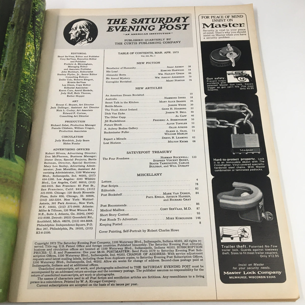 Table of contents from The Saturday Evening Post March 1973, featuring the editorial details, list of articles, and illustrations of the magazine, highlighting the diverse topics covered in this vintage issue.