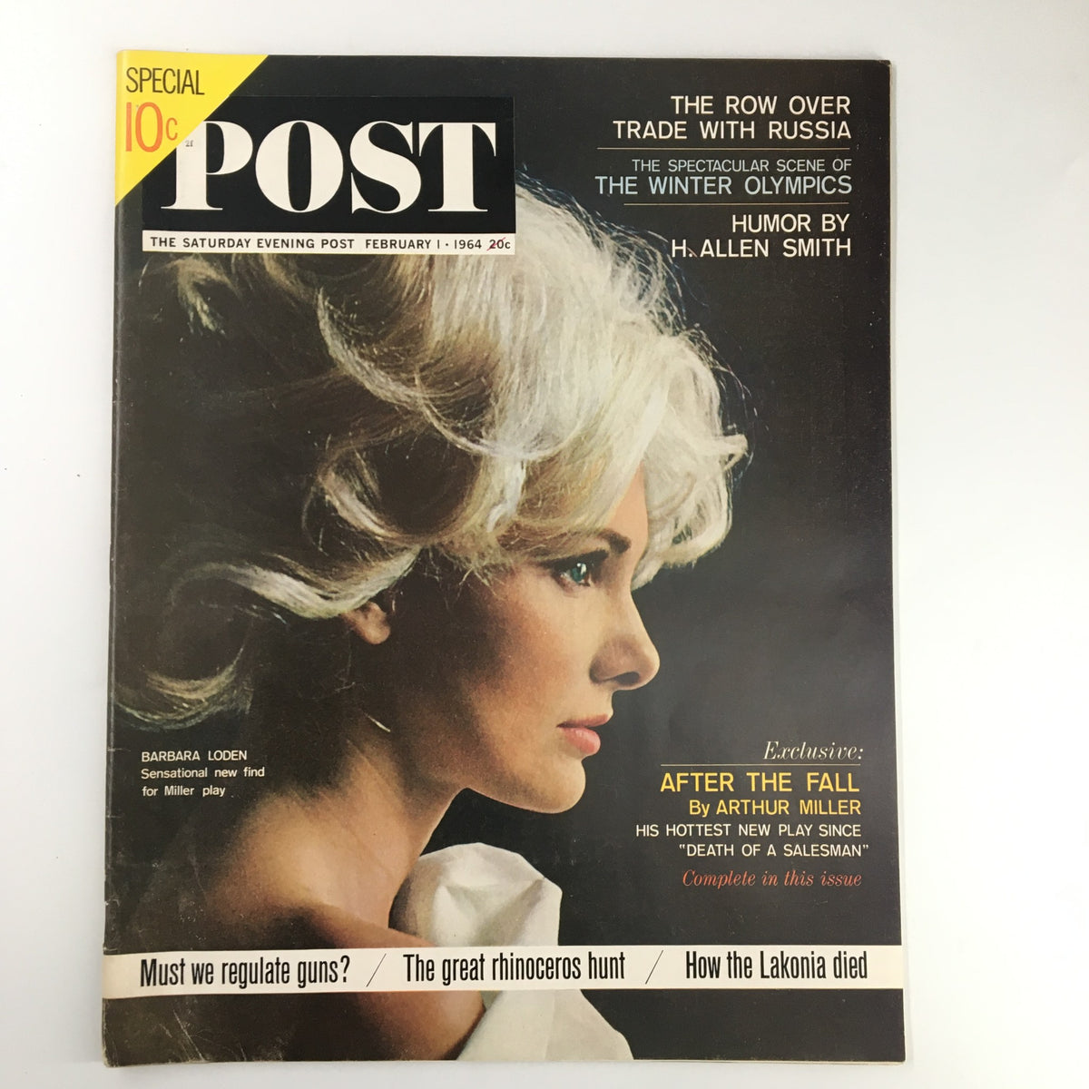 The Saturday Evening Post February 1 1964 cover featuring Barbara Loden, highlighting articles about trade with Russia, the Winter Olympics, and a new play by Arthur Miller. Vintage magazine showcasing 1960s cultural themes.