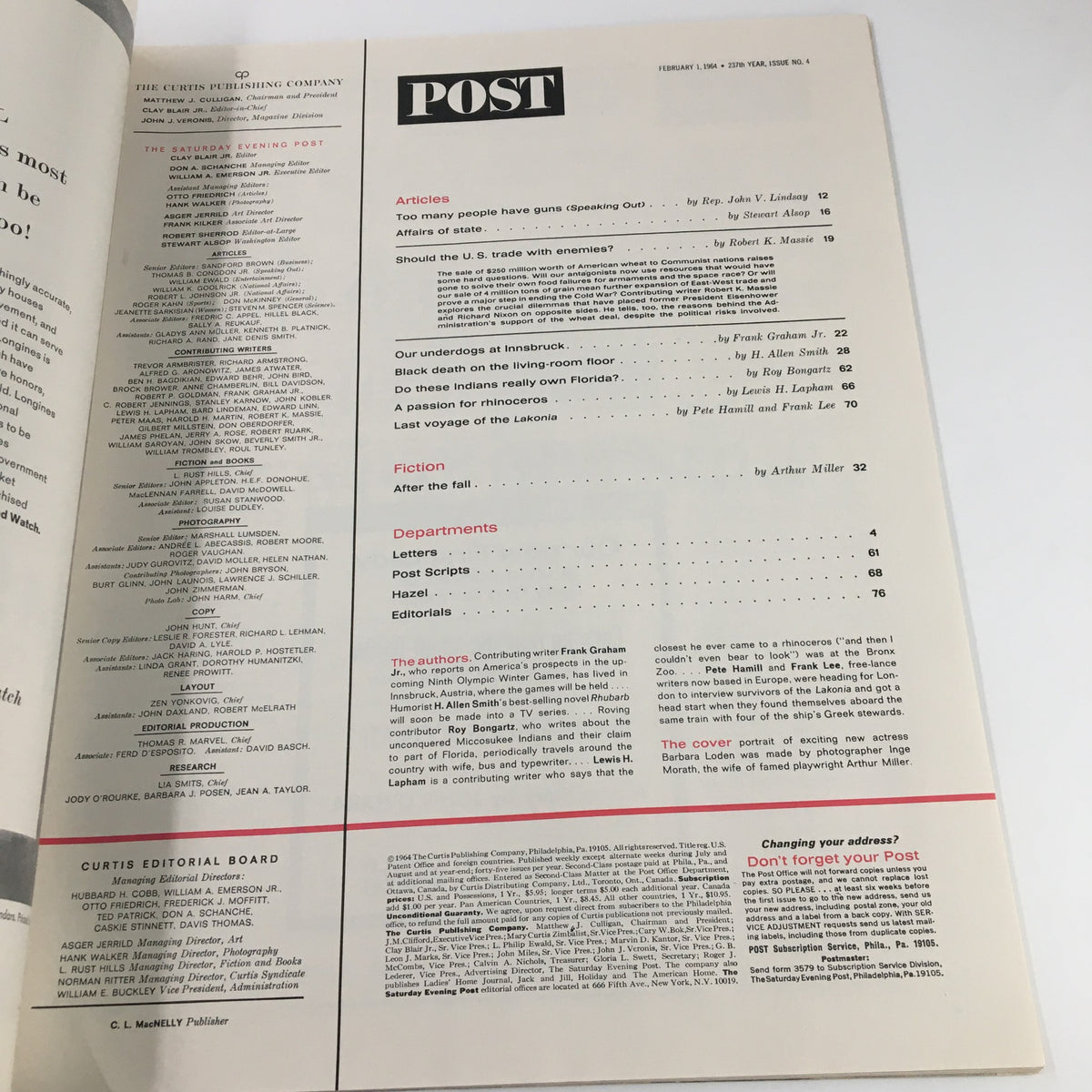 Interior page of The Saturday Evening Post February 1 1964, displaying the editorial board and article index, including featured articles and fiction section, reflecting the magazine's historical context.