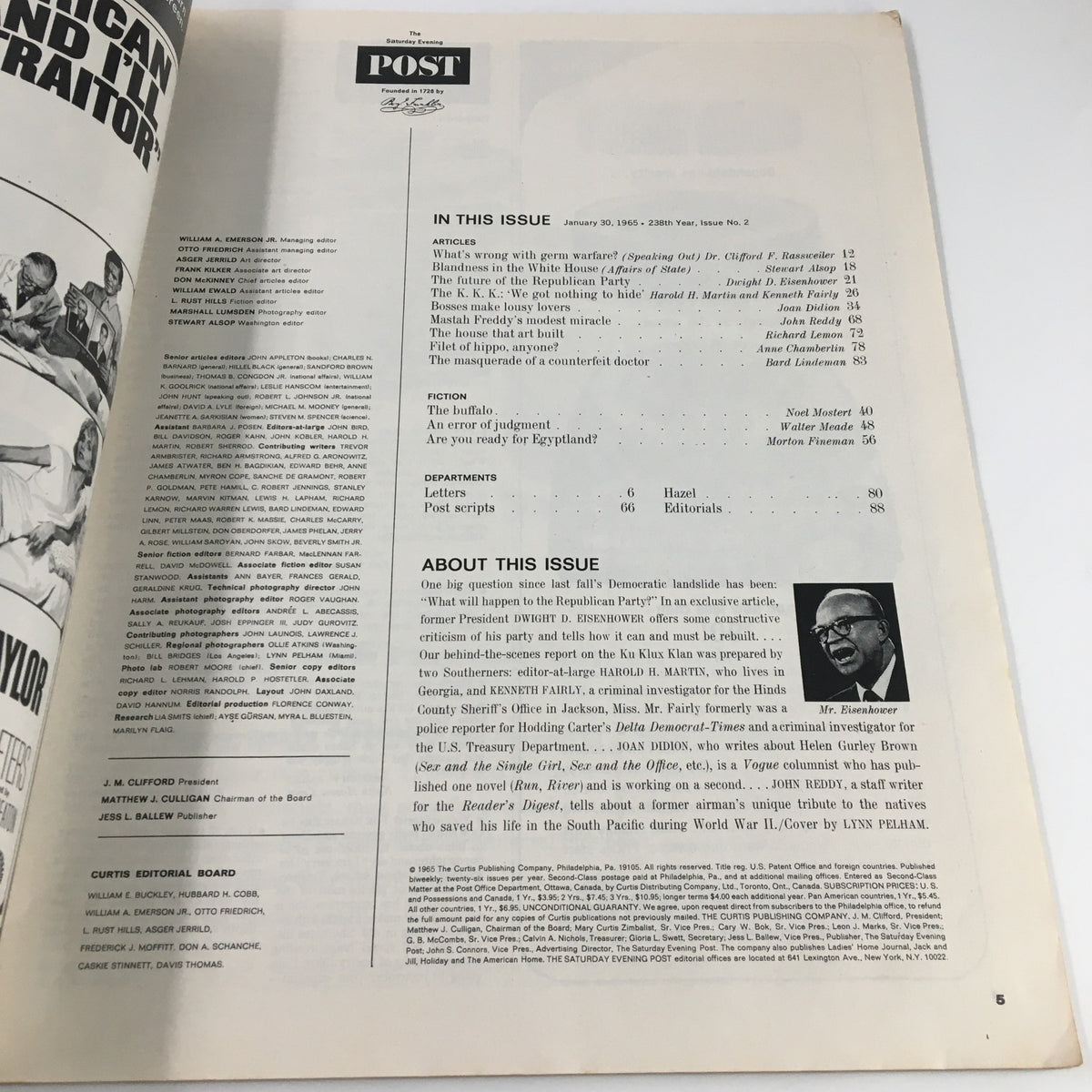 Inside page of The Saturday Evening Post from January 30, 1965, detailing the content of the magazine, including articles and features related to American society and politics.