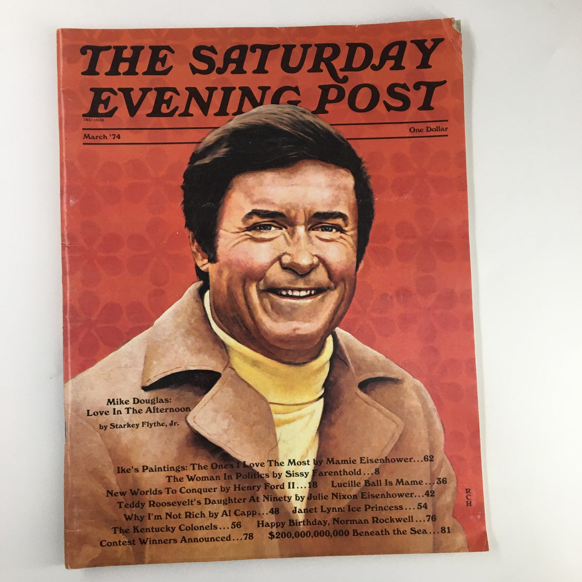 Cover of The Saturday Evening Post, March 1974 featuring Mike Douglas in an article titled 'Love in the Afternoon', showcasing nostalgic 1970s magazine design.