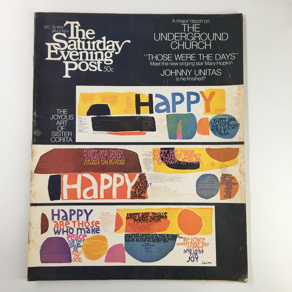 Cover of The Saturday Evening Post December 28, 1968 featuring colorful artwork and the title 'The Underground Church.' This collectible magazine showcases the joyful art of Sister Corita.