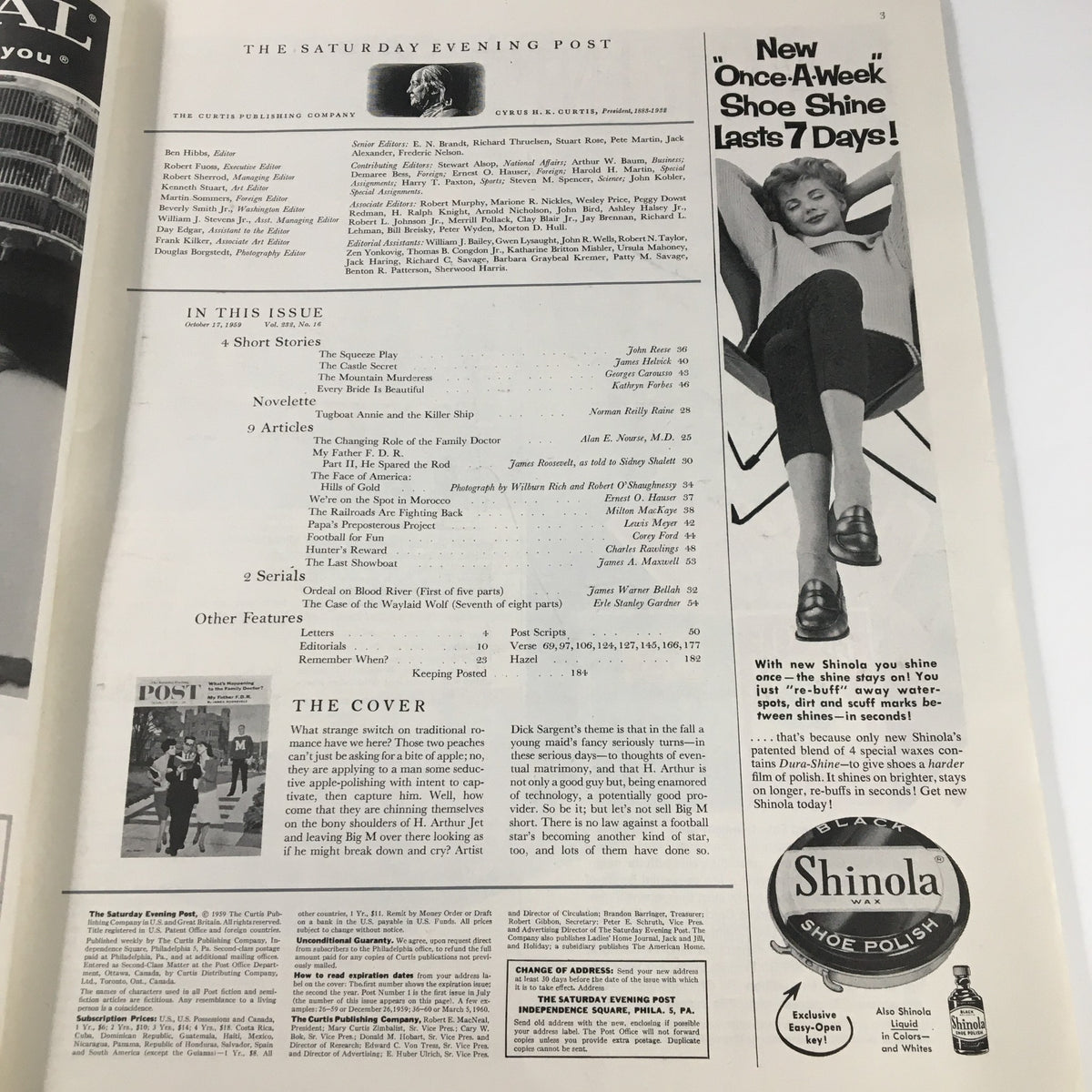 The Saturday Evening Post - October 17, 1959 interior page showcasing the table of contents and articles, including a note about the cover illustration by Dick Sargent.