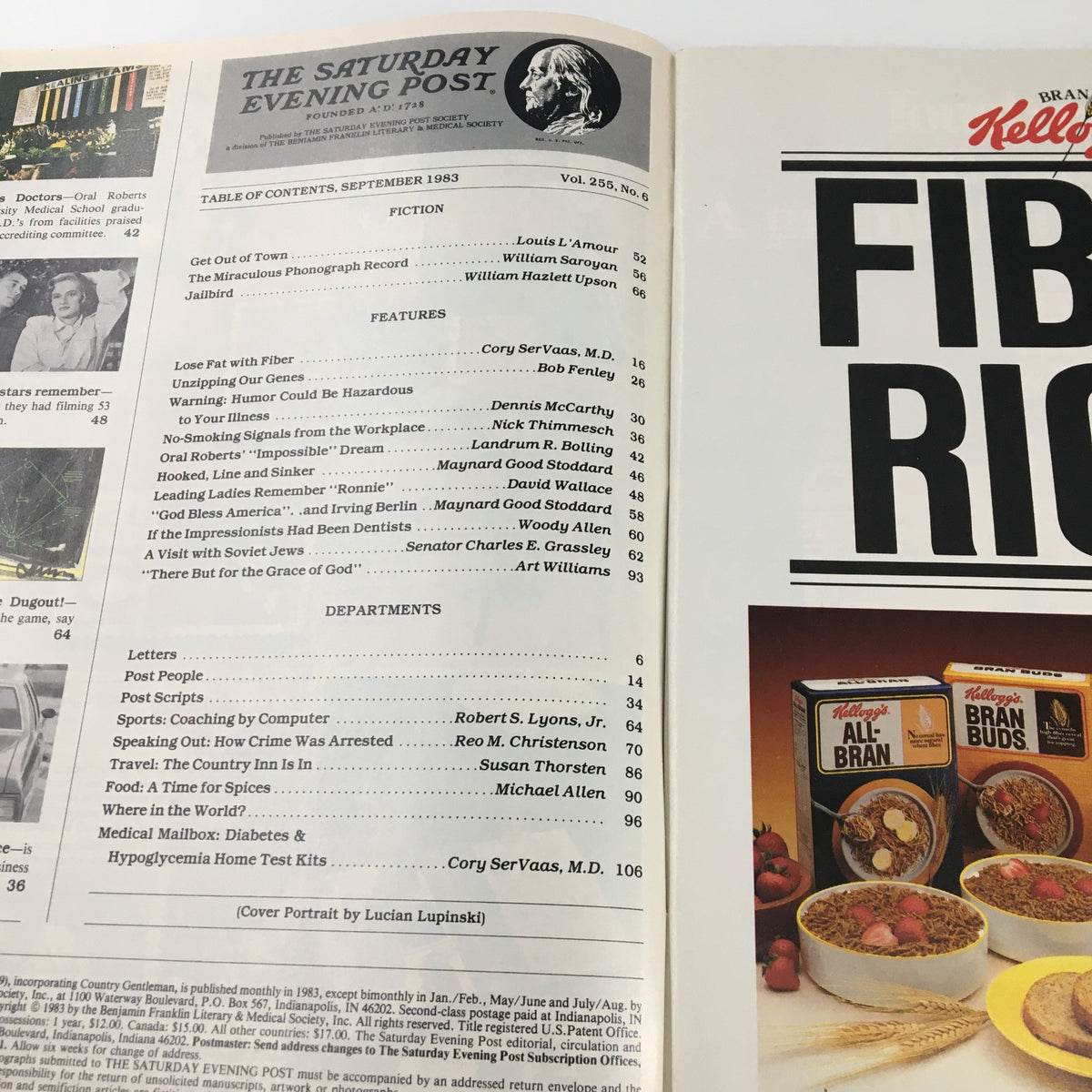 Interior page of The Saturday Evening Post September 1983 showcasing the table of contents, featuring articles including one about Irving Berlin and topics like coaching by computer and the health section on Diabetes.